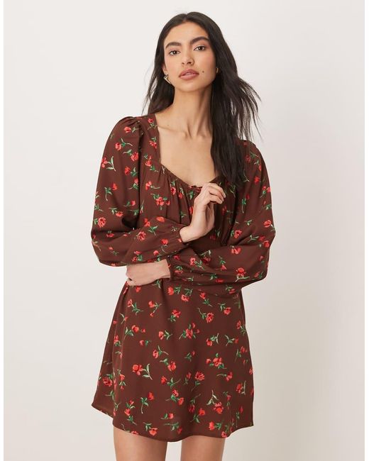 Wednesday's Girl Brown Floral Bardot Mini Dress