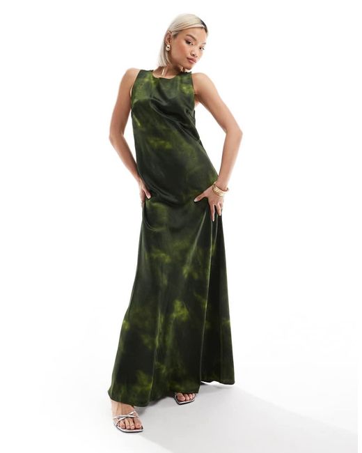 Vero Moda Green Aware Satin Maxi Dress Iin Abstract Print