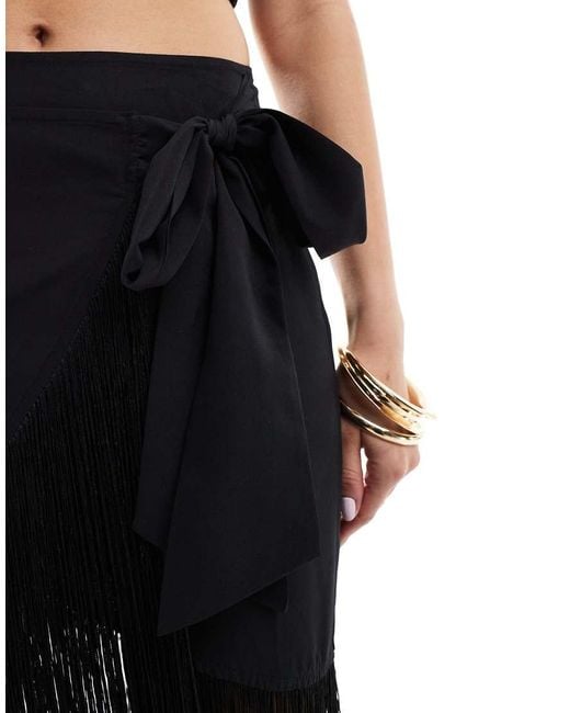 ASOS Black Satin Wrap Fringe Maxi Skirt
