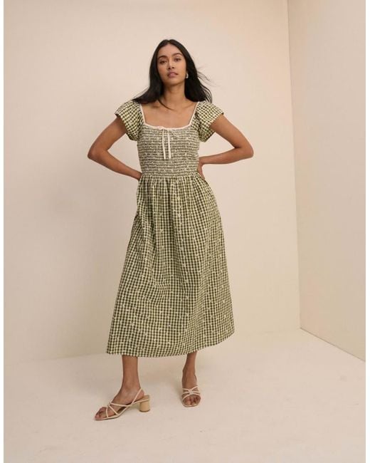 Nobody's Child Natural Gingham Embroidered Shirred Mindy Midi Dress