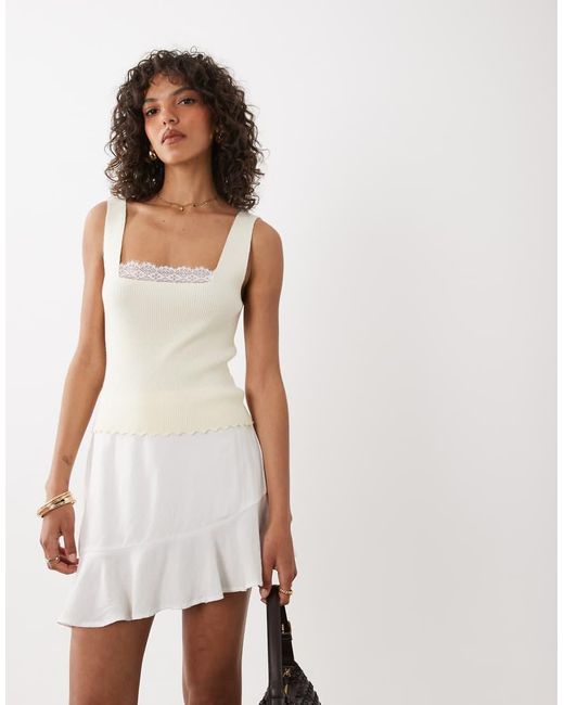 Miss Selfridge White Ribbed Knit Sleeveless Tank Top With Lace Trim