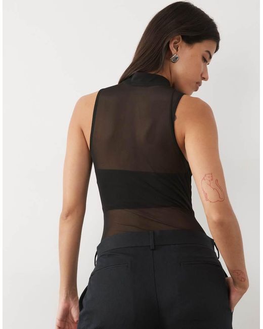 ASOS Black Sheer Mesh Mandarin Detail Sleeveless Bodysuit