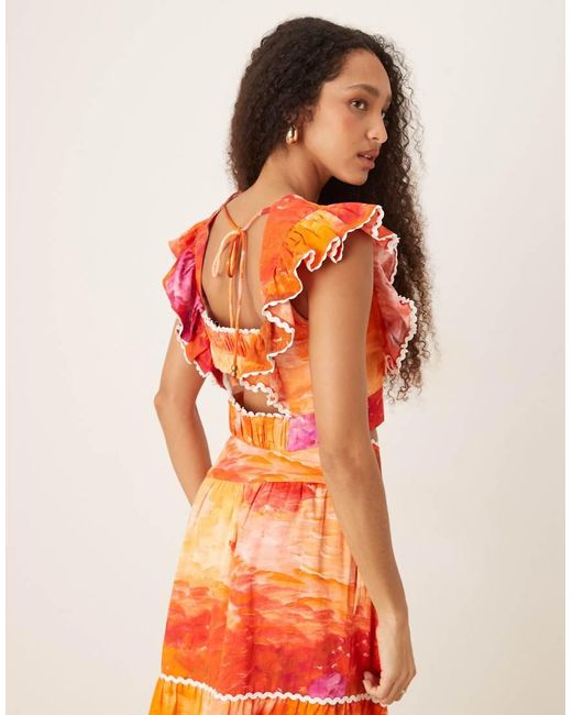 Hope & Ivy Orange Ruffle Sleeve Tie Back Cropped Top Co-Ord