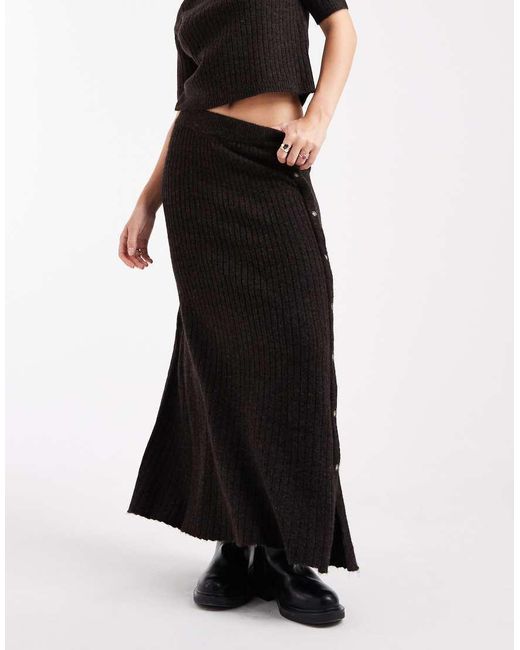 Vero Moda Black Ribbed Knit Button Side Midi Skirt