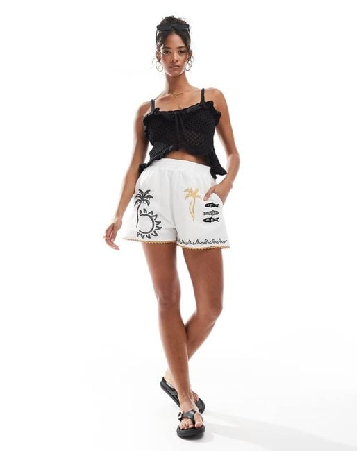 Stradivarius White Co Ord Summer Print Embroidery Short