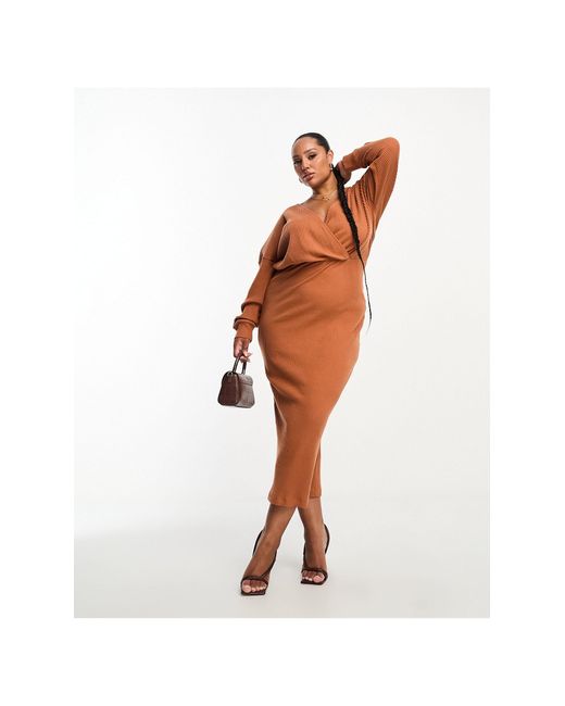 Asos design curve - robe portefeuille mi-longue en tissu côtelé ultra doux avec manches longues - rouille ASOS en coloris Brown