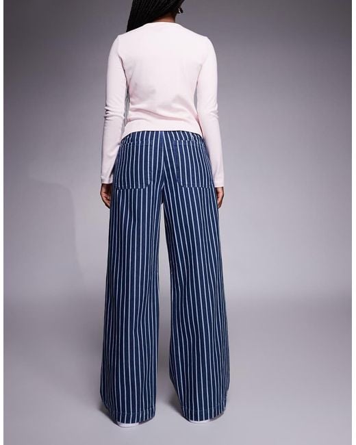 River Island Blue Wide Leg Stripe Jeans With Drawstring Waist