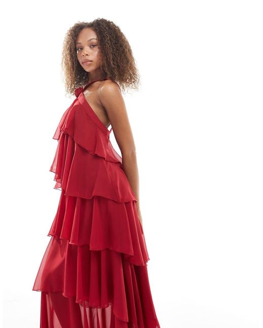 Vero Moda Red Felicia Halter Neck Tie Maxi Dress With Corsage Detail