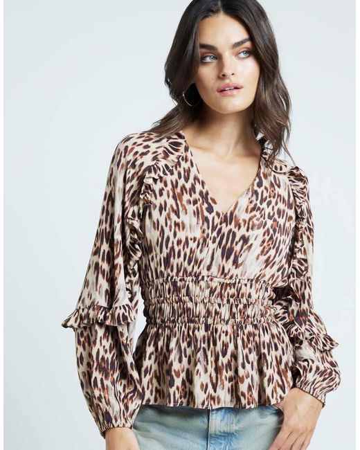 River Island Natural Leopard Print Frill Blouse