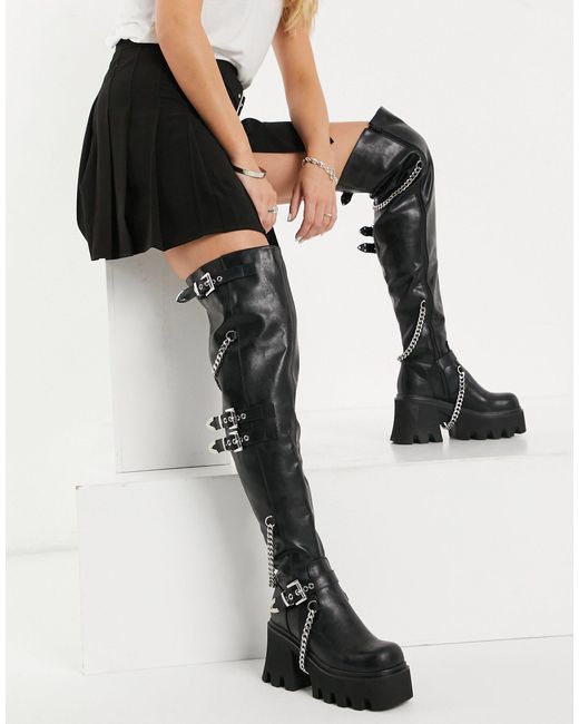Lamoda Black Chunky Over The Knee Boot With Chains