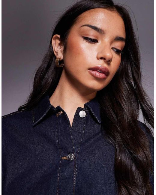 ASOS Blue Denim Mini Shirt Dress With Fitted Skirt And Shoulder Pad