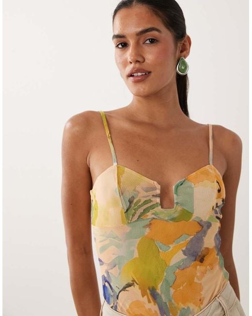 ASOS Natural Mesh Cami Bodysuit With Wired Plunge Neck