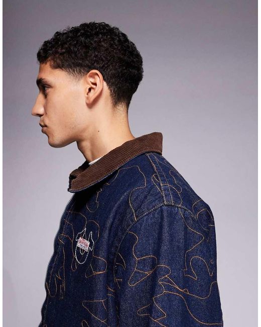 True Religion Blue Dropped Shoulders Embroidered Workwear Jacket for men