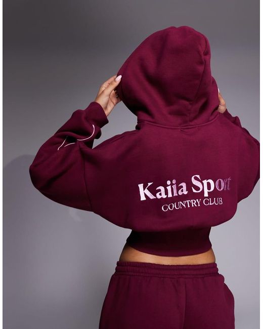 Kaiia Purple Sport Cotton Rich Embroide Logo Cropped Zip Up Hoodie Co-ord