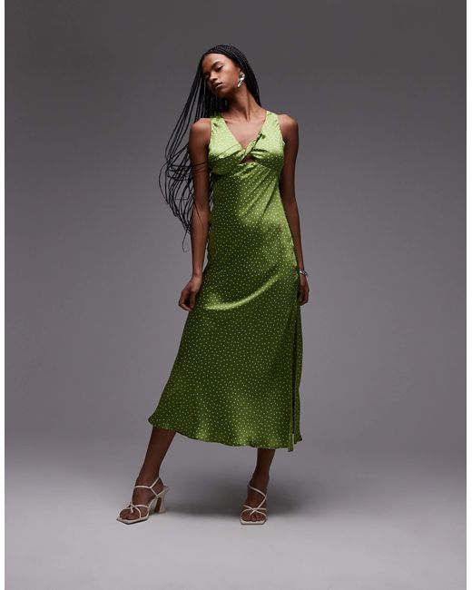 Robe à pois mi-longue avec détail torsadé à l'avant - olive TOPSHOP en coloris Green
