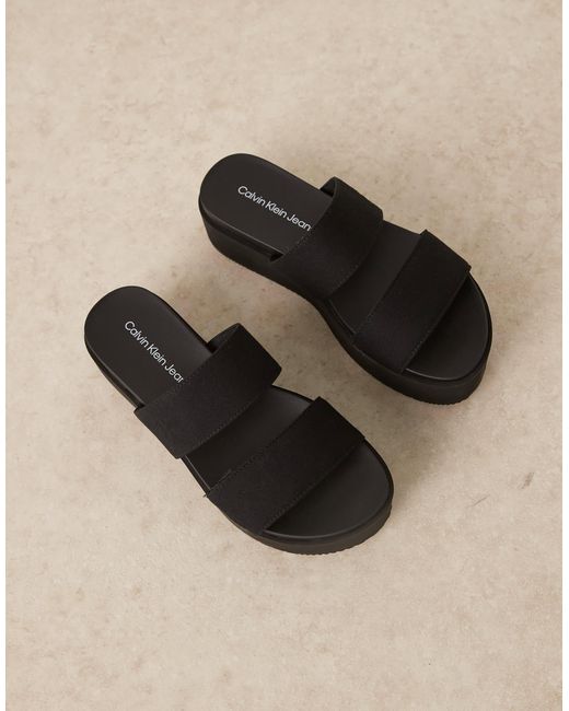 Calvin Klein Brown Double Strap Flatform Sandals