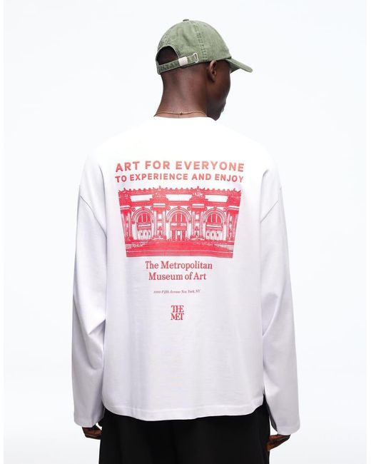 Bershka White The Met Long Sleeve Print T-shirt for men