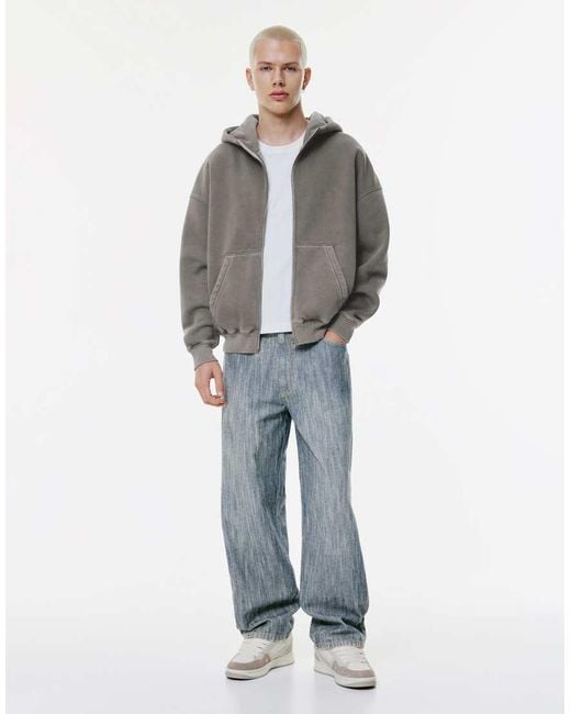 Pull&Bear Gray Washed Boxy Zip-Up Hoodie for men