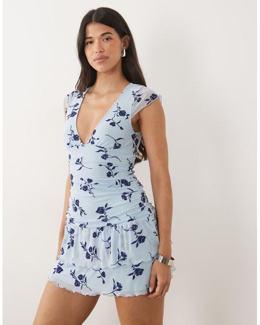 Motel Blue Mowgli Flutter Sleeve Ruched Mini Dress
