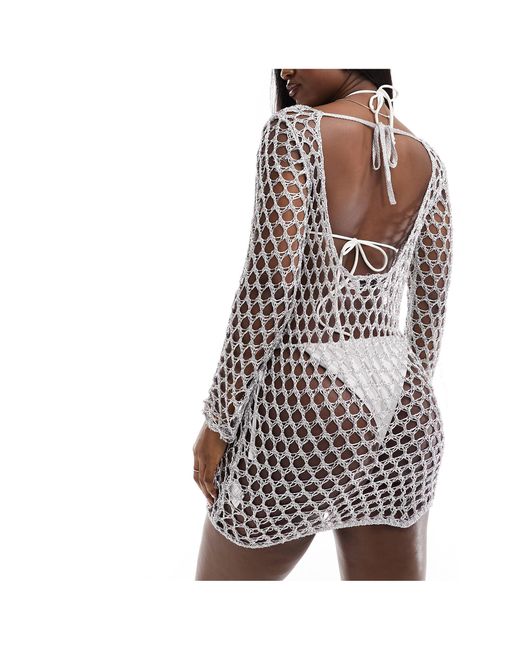 In The Style White Metallic Crochet Long Sleeve Scoop Back Mini Beach Dress