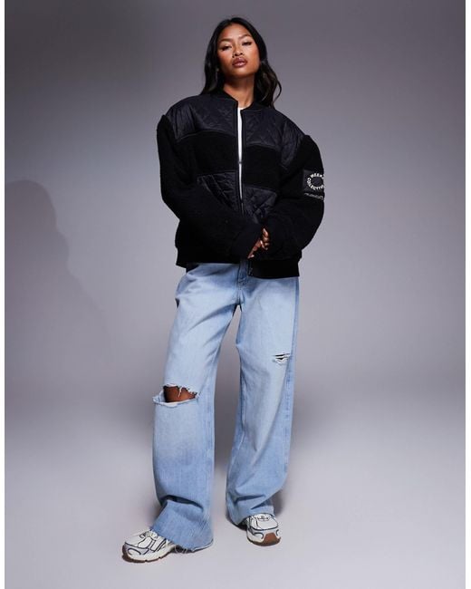 ASOS Blue Weekend Collective Borg Zip Through Bomber Jacket With Nylon Detail
