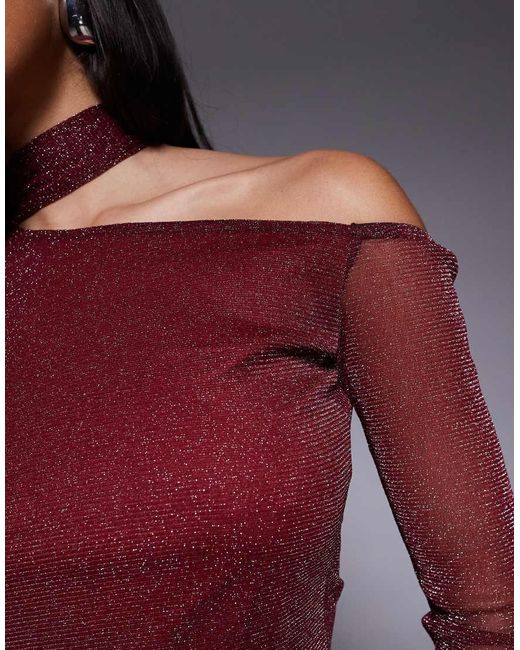 ASOS Red Glitter Mesh Scarf One Shoulder Top