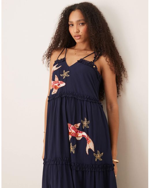 Hope & Ivy Blue Koi Embellished Tiered Midi Dress With Tie Straps