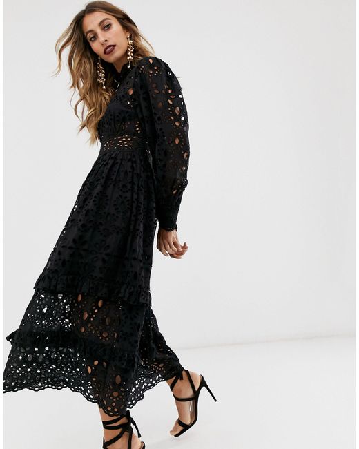 black broderie midi dress