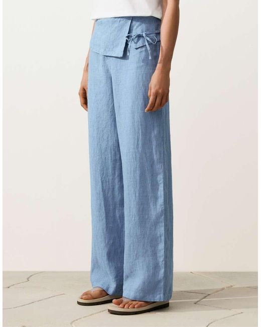 Oysho Blue 100% Linen Straight-leg Trousers With Turn-up Waist