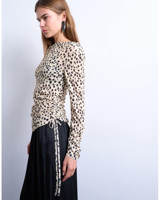 TOPSHOP Gerimpelde Top Met Lange Mouwen En Dierenprint in het White