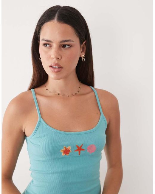 Miss Selfridge Blue Vest Top With Holiday Print