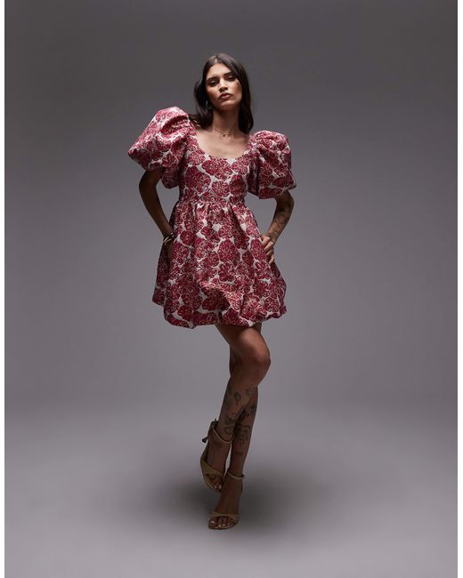 & Other Stories Pink Brocade Mini Dress With Statement Puff Sleeves And Deep Back