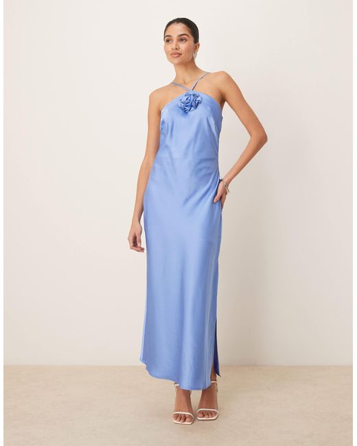 yas bridesmaid dress Y.A.S Halter Neck Satin Maxi Dress With Corsage Detail in Blue