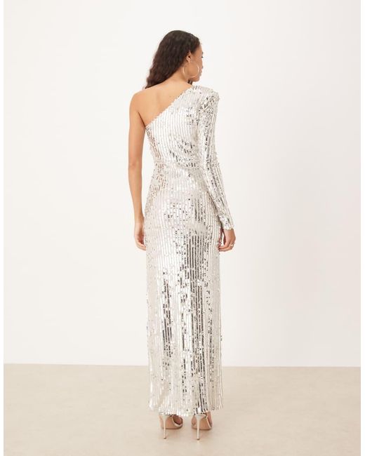 True Decadence Natural Sequin Asymmetric Sleeve Side Split Maxi Dress