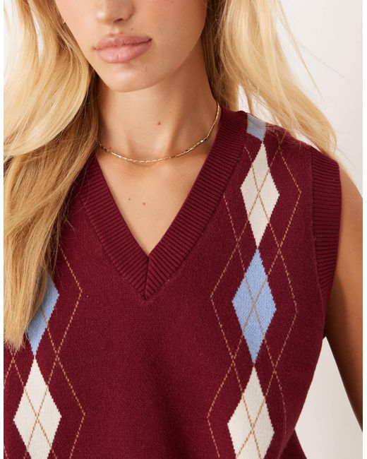 ASOS Red Fine Knit Button Down Tank With Argyle Pattern