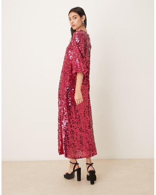Sister Jane Red Empire Sequin Flutter Sleeve Midaxi Dress