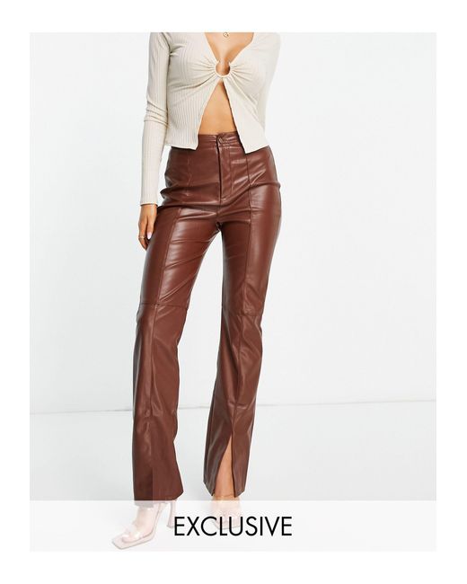 Missguided Fauxleather Split Hem Pants in Brown Lyst