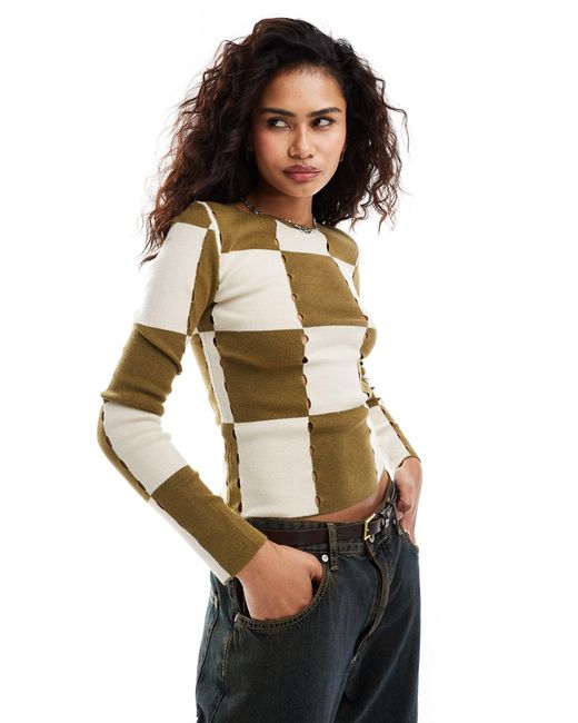 Moon River Natural Checkerboard Hole-knitted Ribbed Top