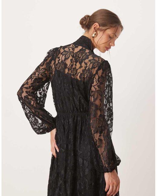 Maya Black Tie Neck Long Sleeve Lace Maxi Dress