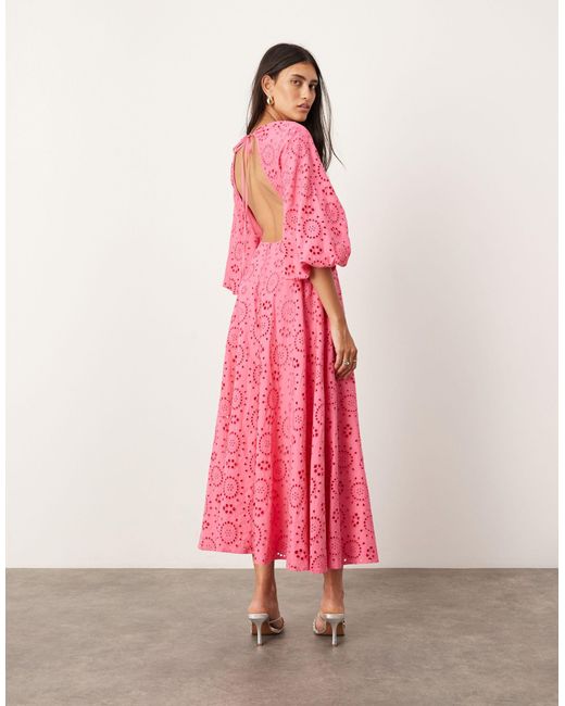 ASOS Pink Broderie Tie Front Midi Dress With Cut Out Detail