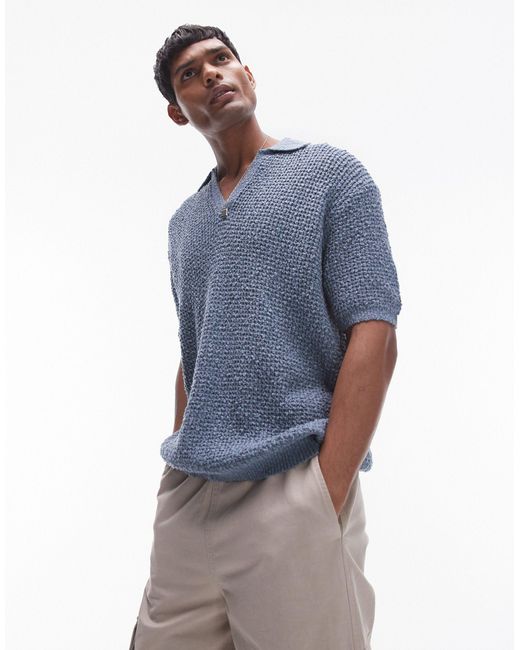 Topman Blue Knitted Cotton Revere Polo for men
