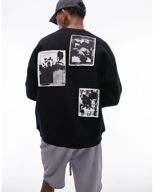 Topman Black Oversized Sweatshirt With Front And Back Patches for men