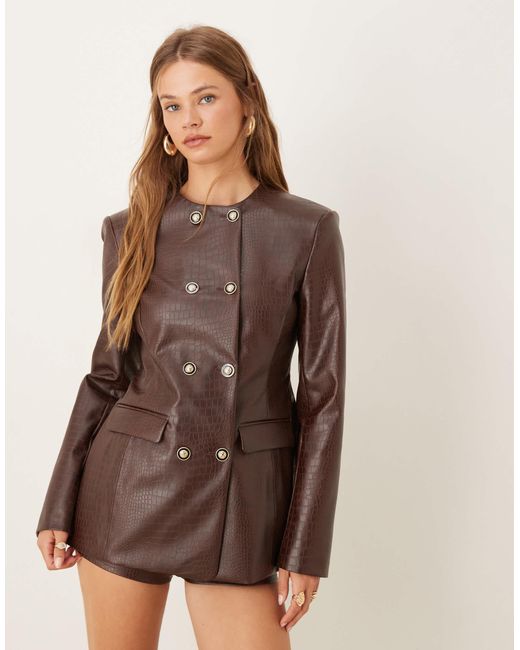 Blazer d'ensemble croisé à col montant en pu effet croco - chocolat ASOS en coloris Brown