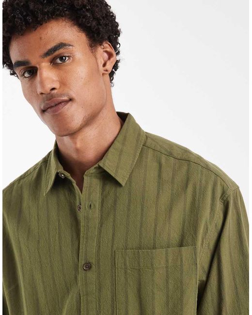 ASOS Green Boxy Oversized Linen Look Stripe Shirt With Chest Pocket for men