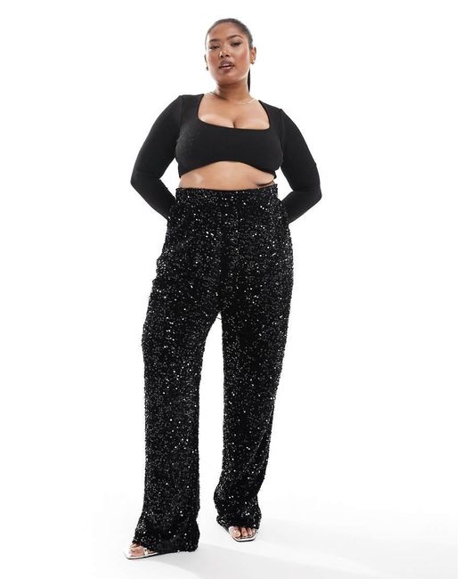 Pieces Plus Black Pieces Curve Wide Leg Velour Sequin Pants
