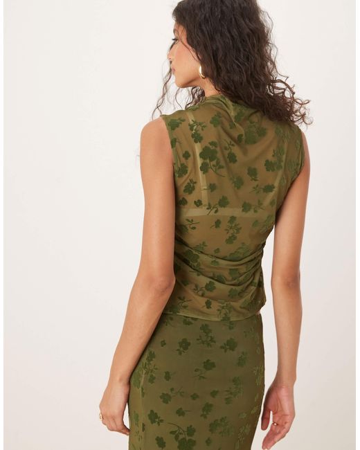 Top d'ensemble sans manches transparent à col montant et motif fleuri floqué - olive ASOS en coloris Green