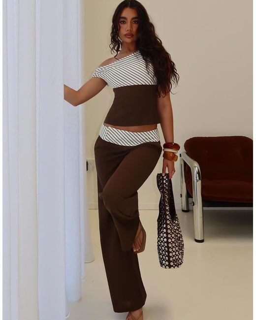 Princess Polly Brown Past Line Asymmetric Shoulder Contrast Stripe Top