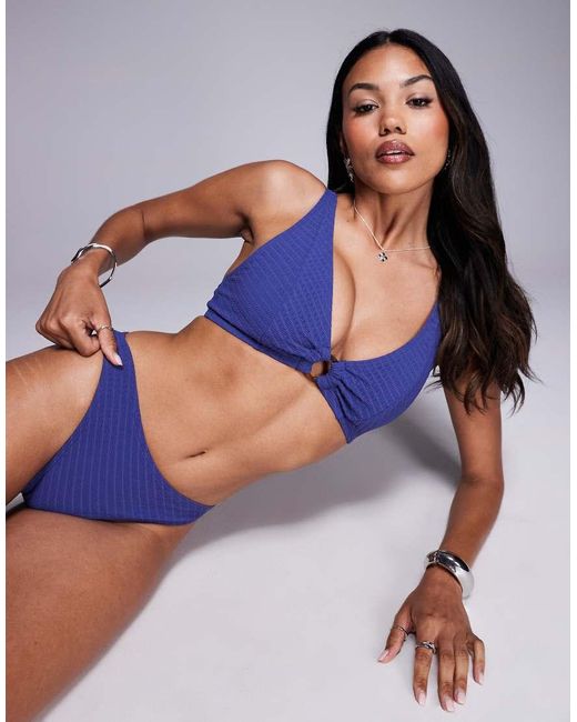 Wolf & Whistle Blue Textured Bikini Top With Tortoiseshell Ring Detail