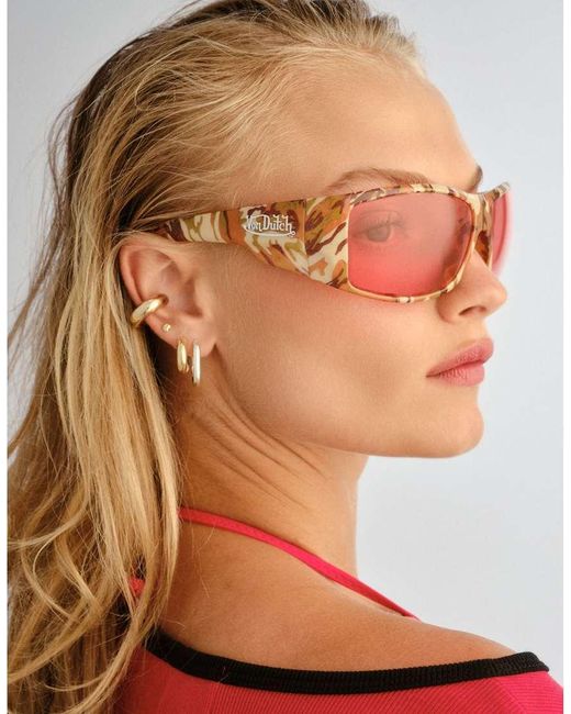 Aire Brown X Von Dutch Outlawed Pink Lens Wrap Around Sunglasses