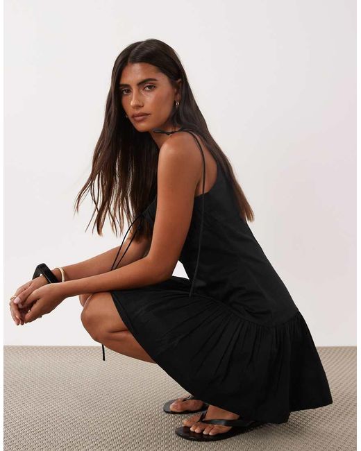 ASOS Black Structured Cotton Sateen Tie Bust Dropped Waist Mini Sundress